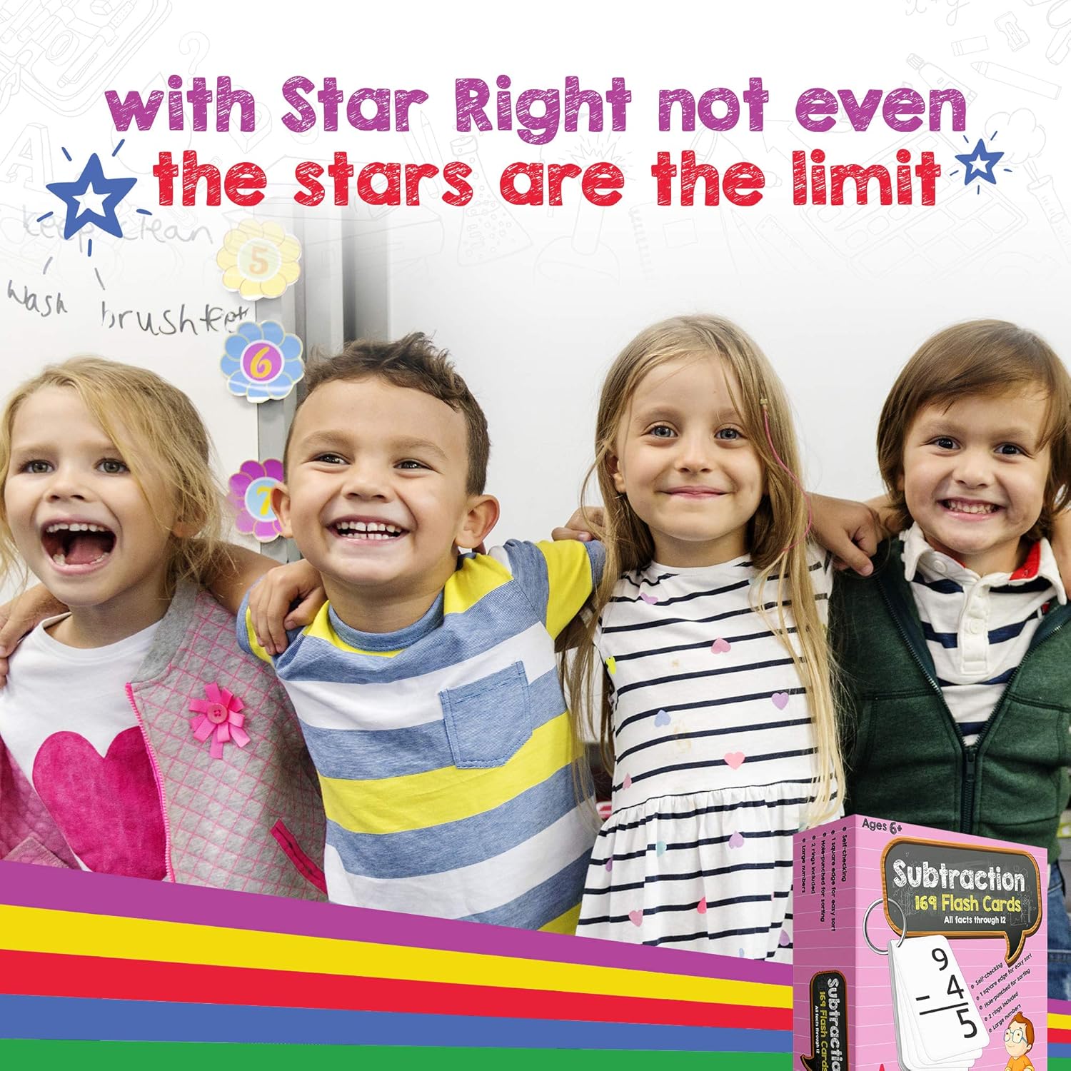 Four children smiling with educational materials and text about Star Right educational products.