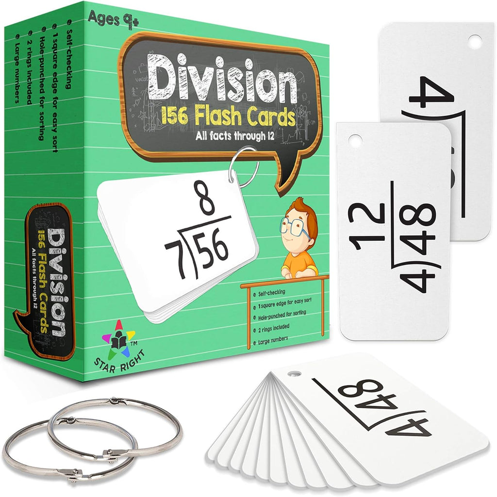 Division flash cards set with packaging and individual cards displayed.