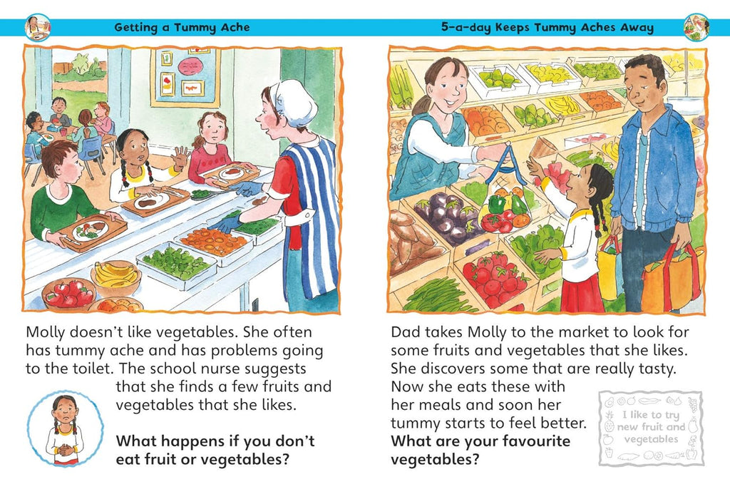 Illustrated book page about tummy aches and healthy eating.