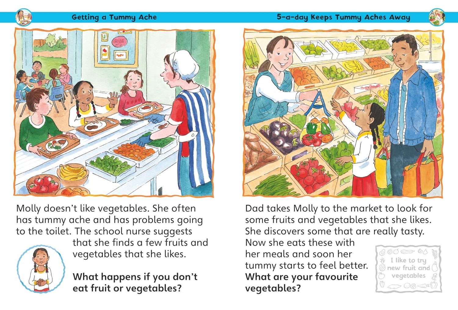 Illustrated book page about tummy aches and healthy eating.