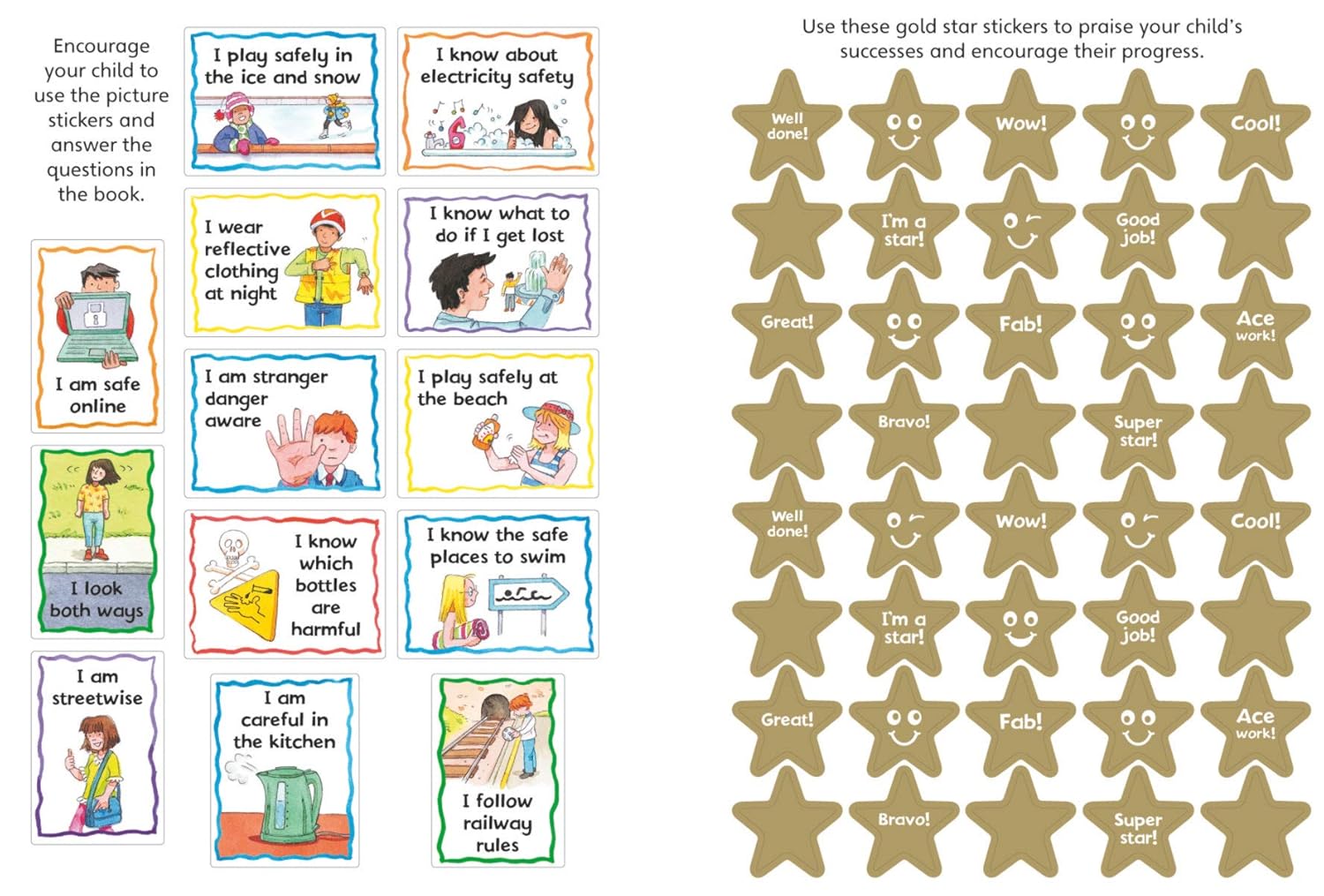 Educational materials with safety-themed cards and gold star stickers.