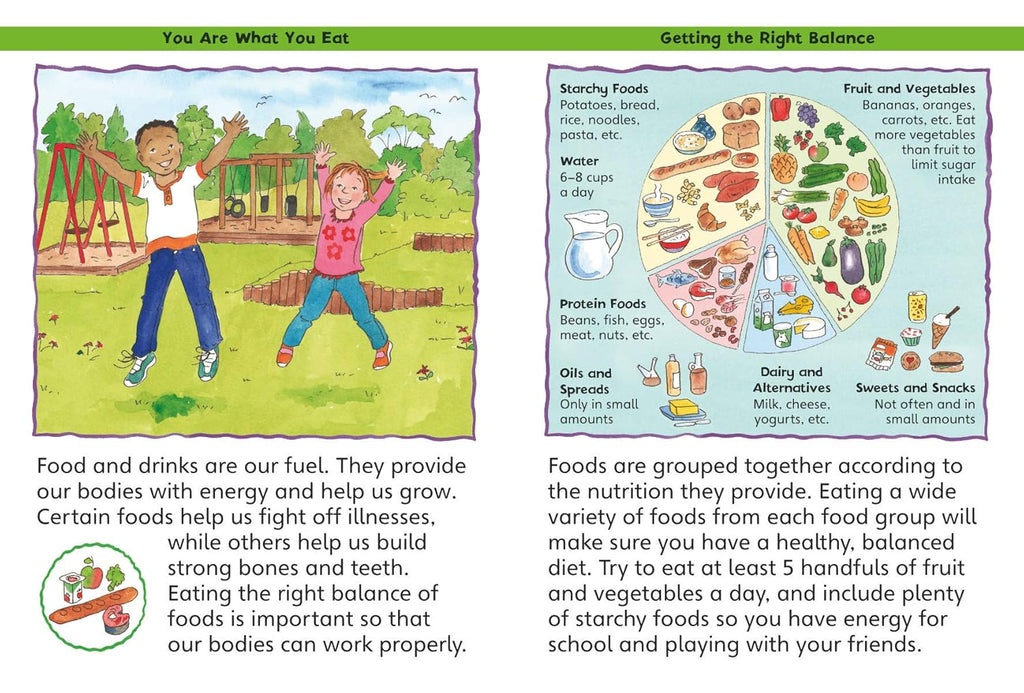Educational page about nutrition with illustrations of children playing and a food pyramid.