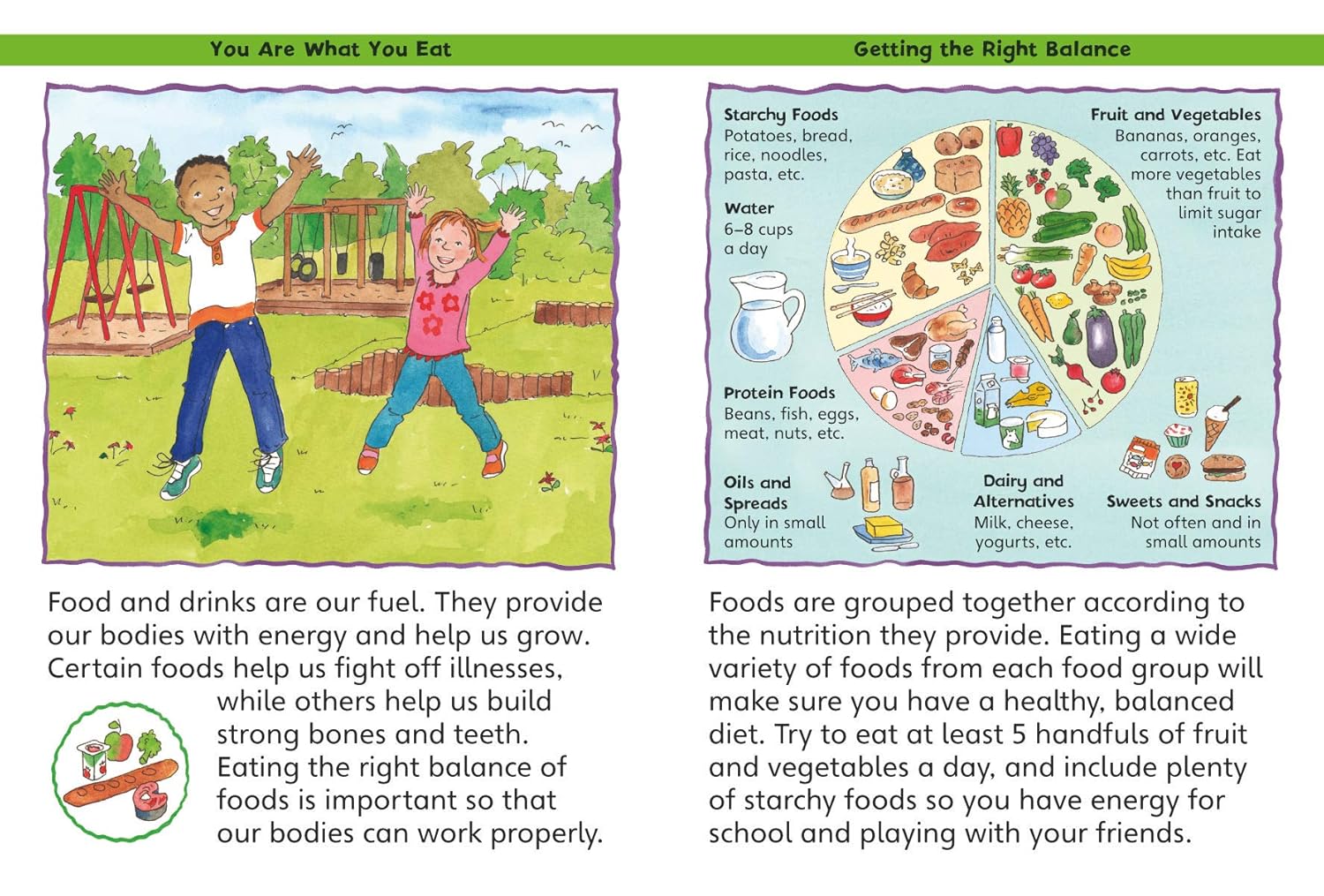 Educational page about nutrition with illustrations of children playing and a food pyramid.