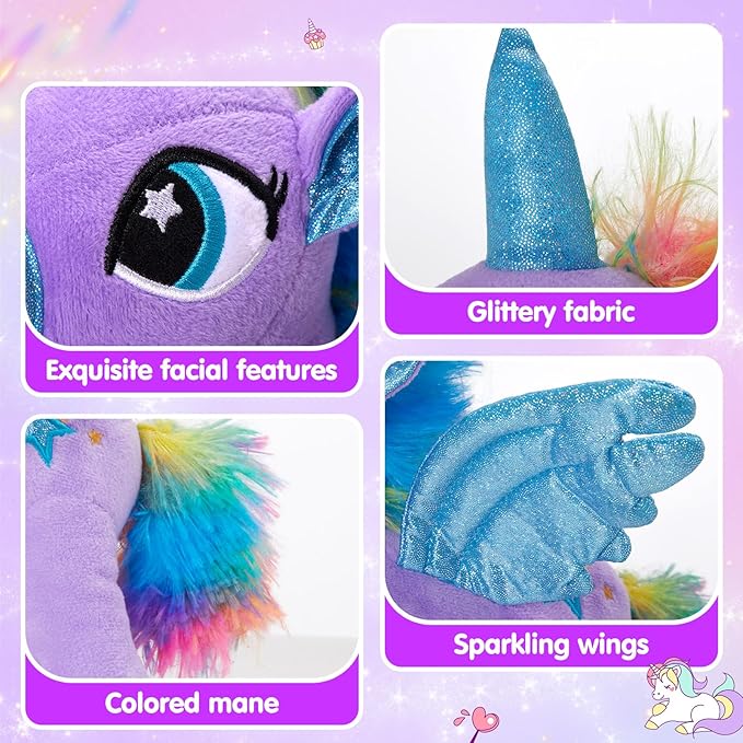 Collage of a plush toy with features highlighted on a purple background