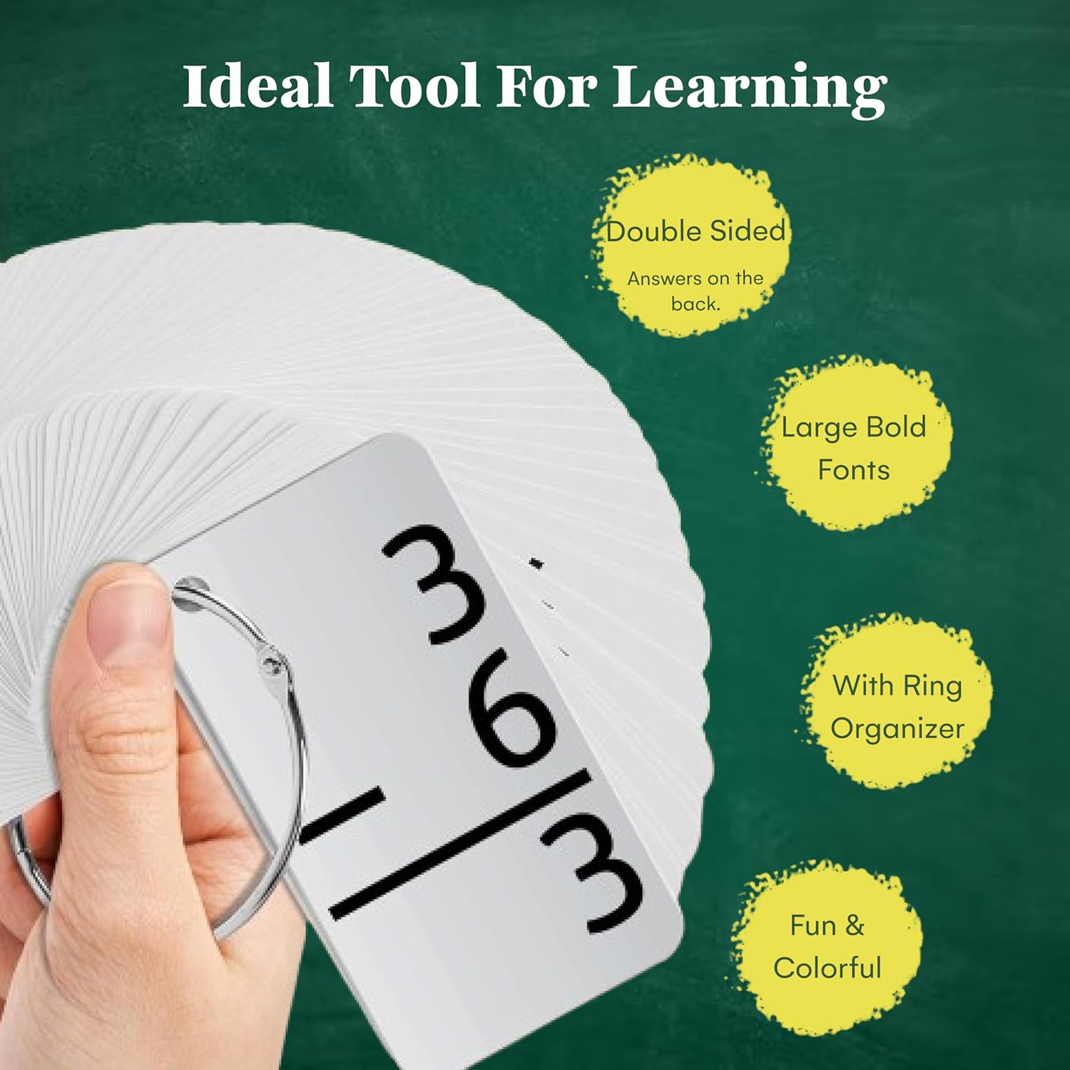 Math flashcards held by a hand with text highlighting features on a green background