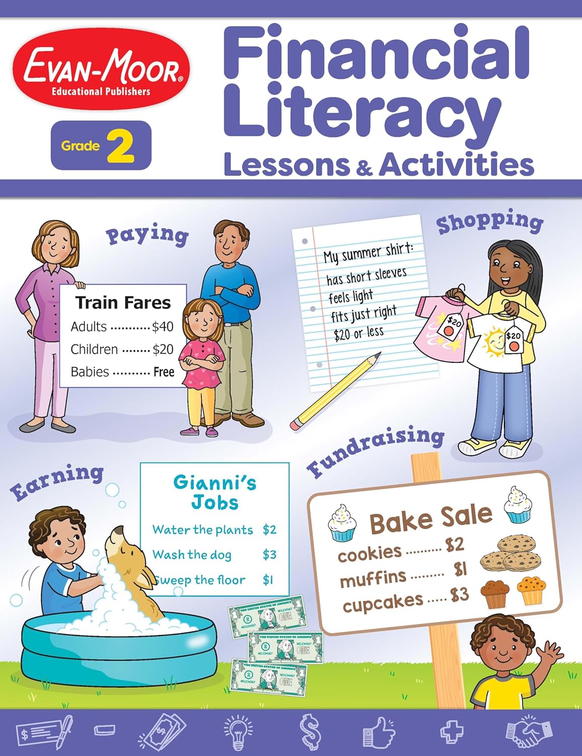 Book cover of 'Financial Literacy Lessons & Activities' for Grade 2 by Evan-Moor Educational Publishers.