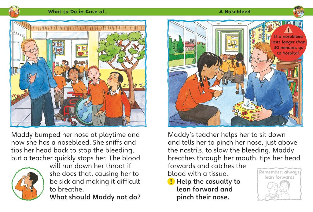 Comic strip about what to do in case of a nosebleed, showing a classroom setting with characters and text.