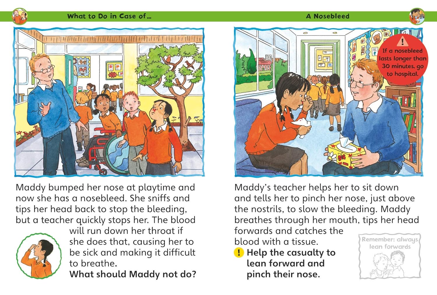 Comic strip about what to do in case of a nosebleed, showing a classroom setting with characters and text.