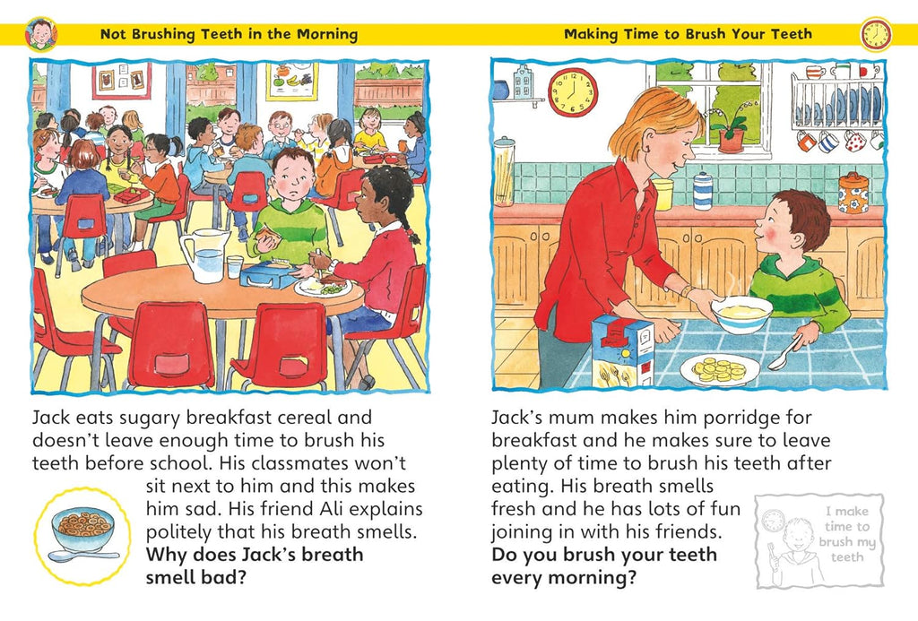 Comic strip about the importance of brushing teeth with a classroom scene and a mother helping a child brush their teeth.