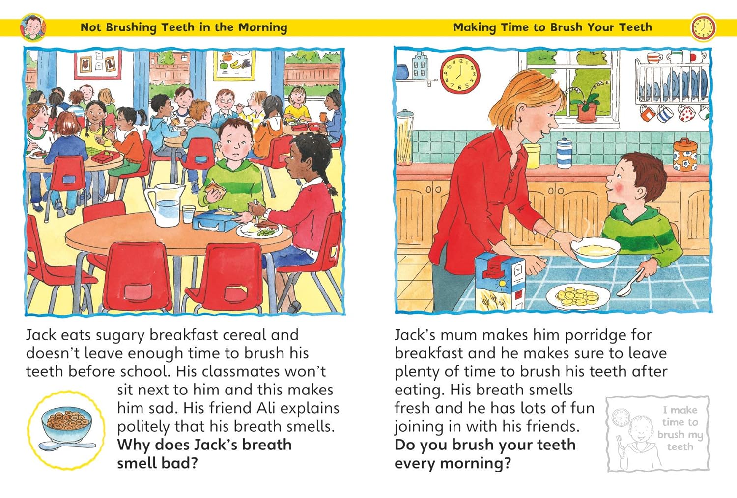 Comic strip about the importance of brushing teeth with a classroom scene and a mother helping a child brush their teeth.