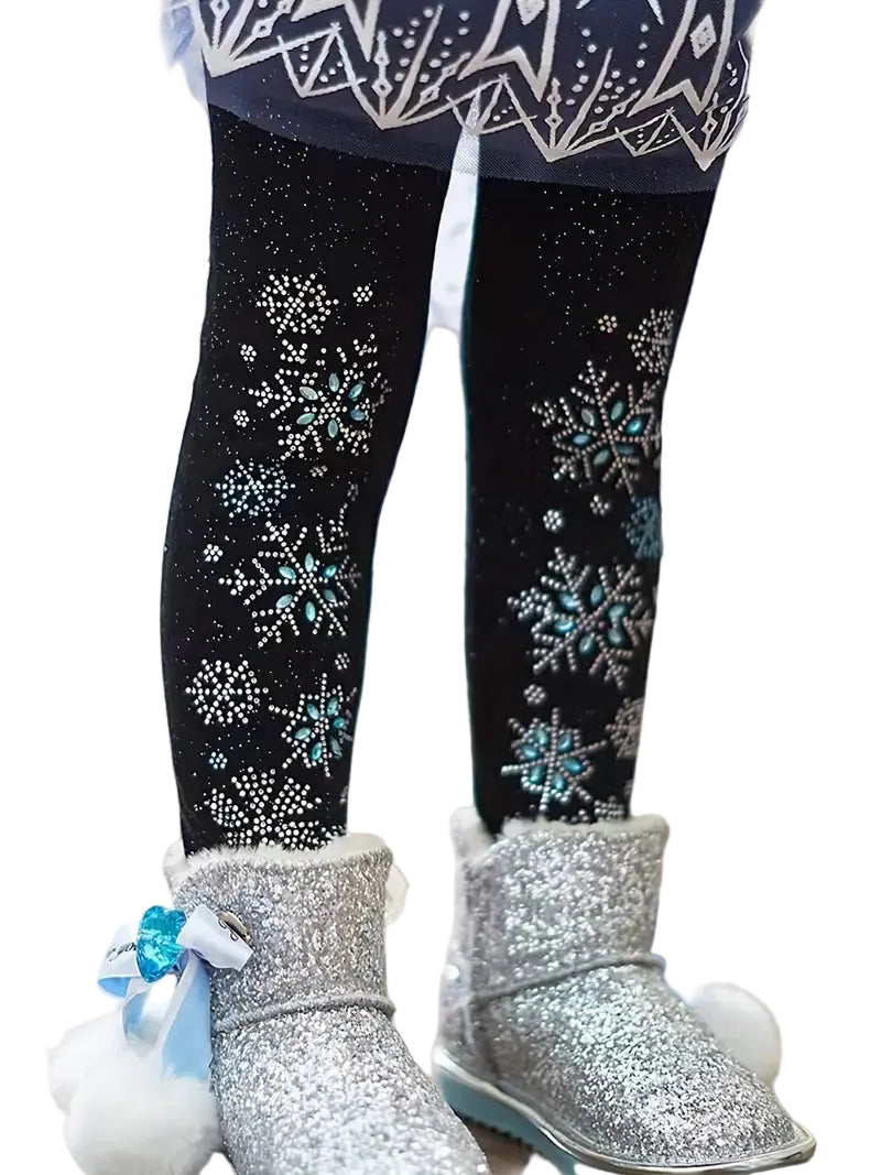 Black tights with snowflake patterns and silver boots on a white background