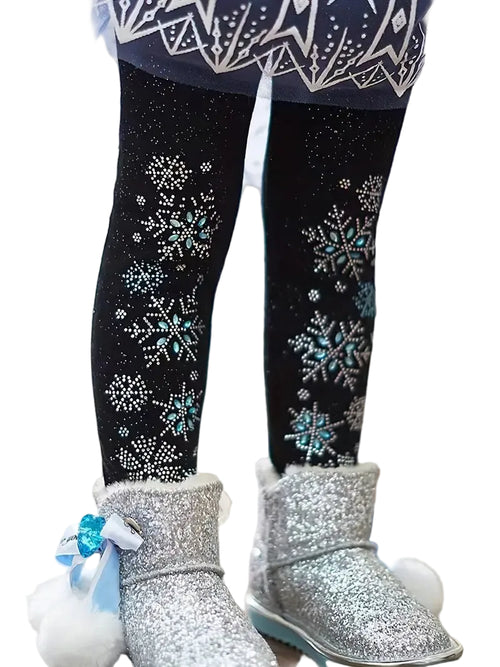 Black tights with snowflake patterns and silver boots on a white background