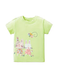 Light green t-shirt with rabbit and flower design on a white background