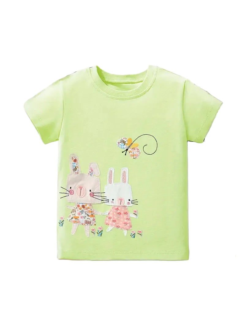 Light green t-shirt with rabbit and flower design on a white background