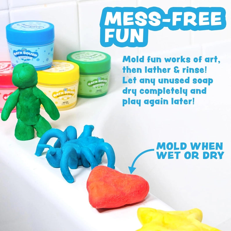 Colorful bath dough with moldable texture, containers, and text about mess-free fun on a white background.