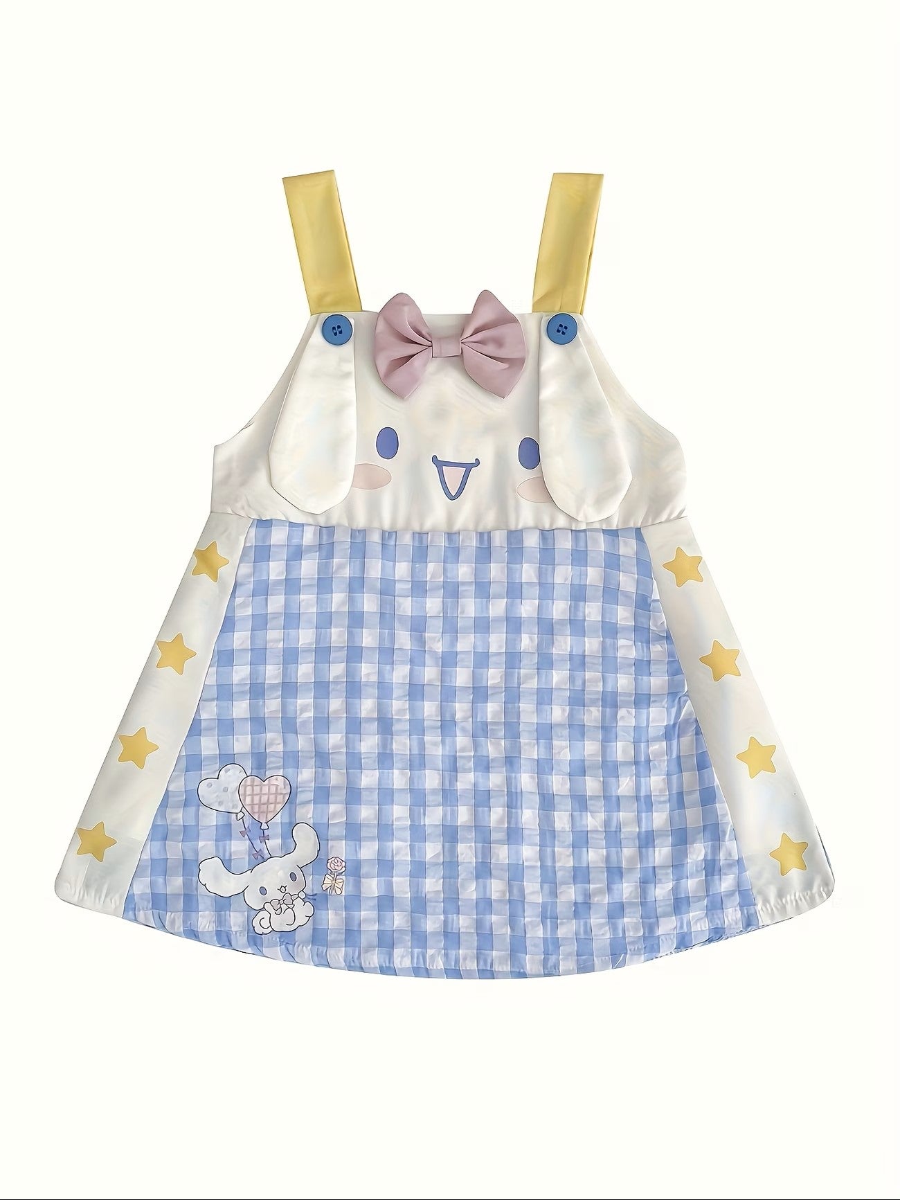 Children's dress with checkered skirt and cartoon designs on a white background