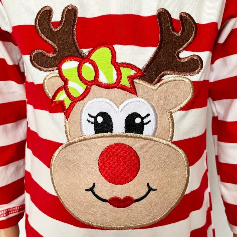 Red and white striped shirt with a reindeer face design wearing a green bow.
