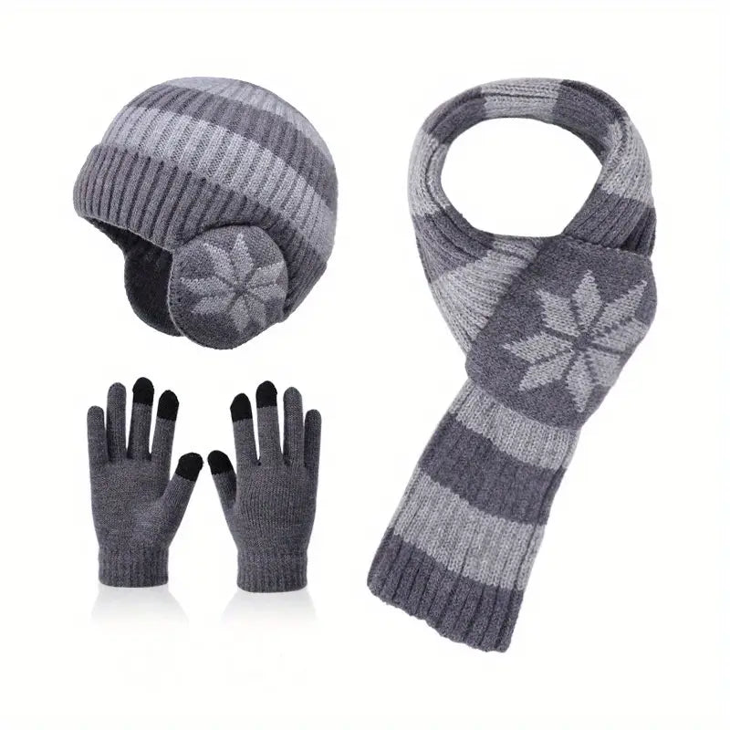 Gray knit hat, scarf, and gloves set on a white background