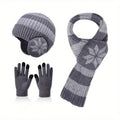 Gray knit hat, scarf, and gloves set on a white background