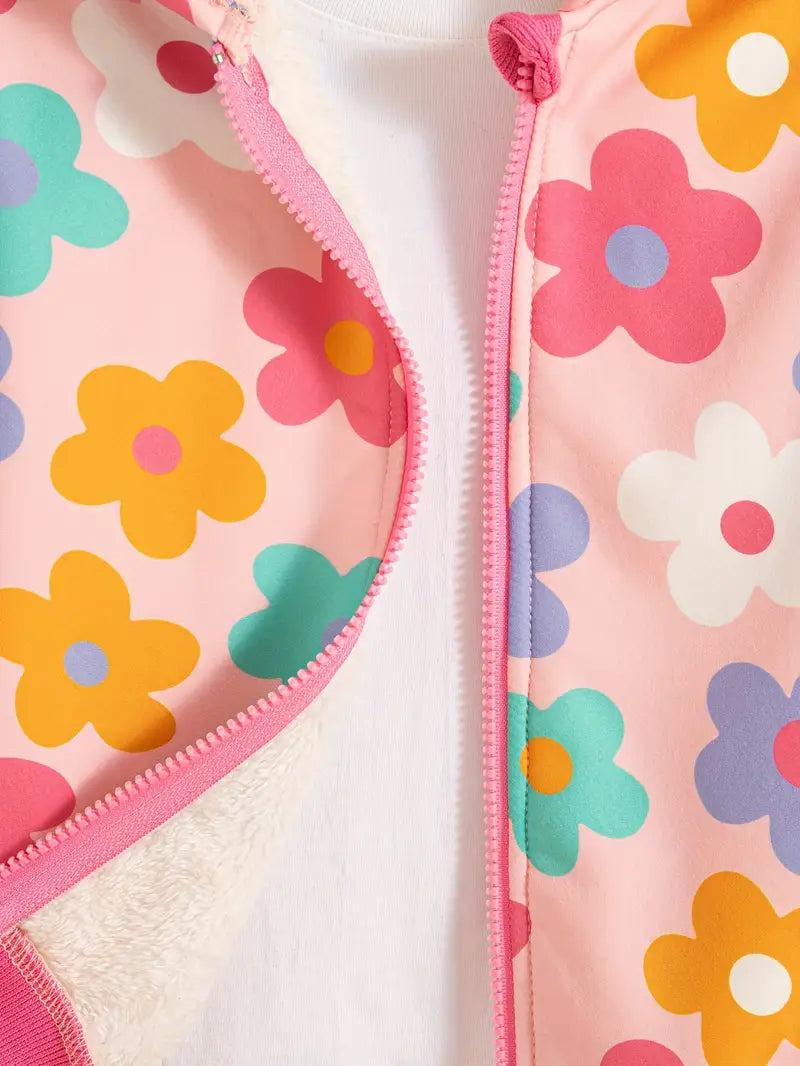 Close-up of a children's jacket with colorful flower pattern on a pink background