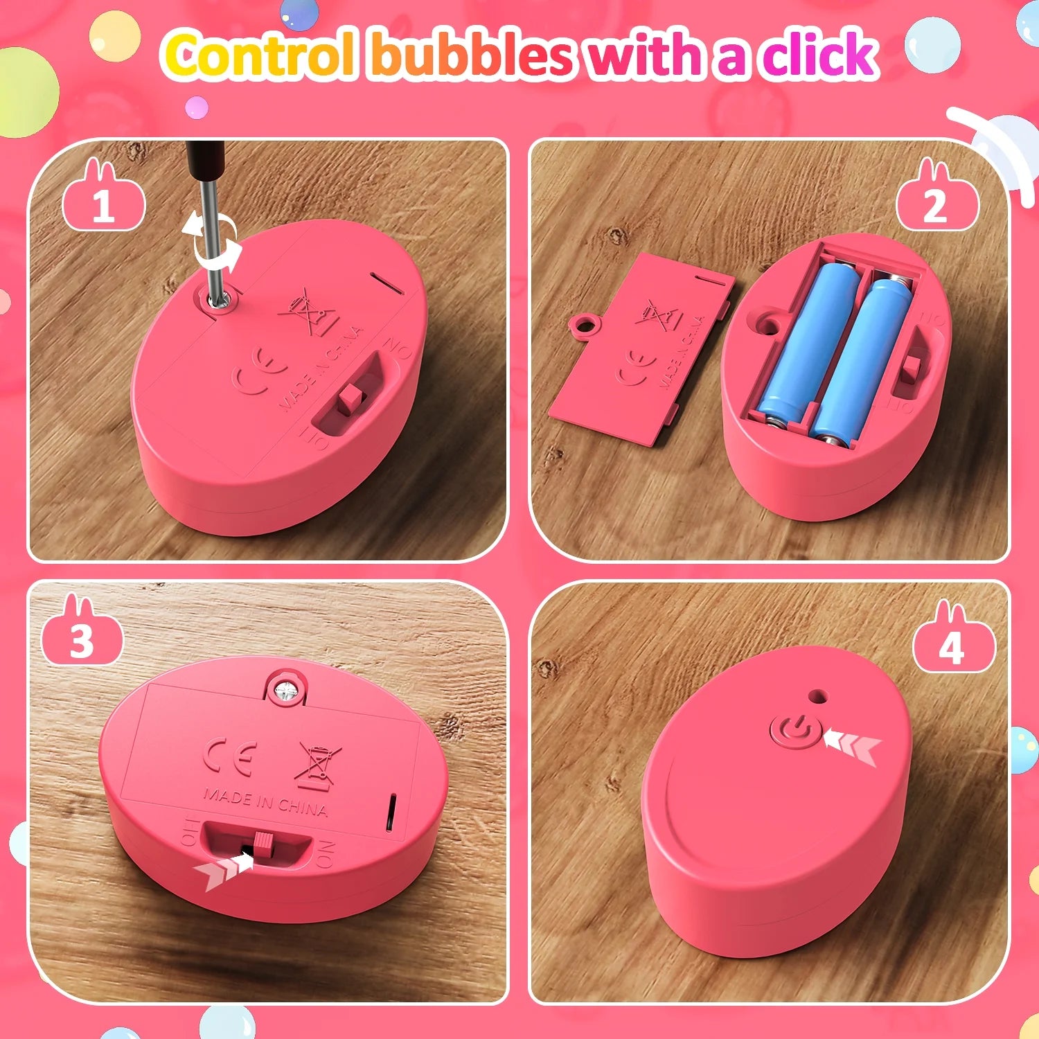 Collage of a pink bubble machine with assembly steps on a wooden surface.