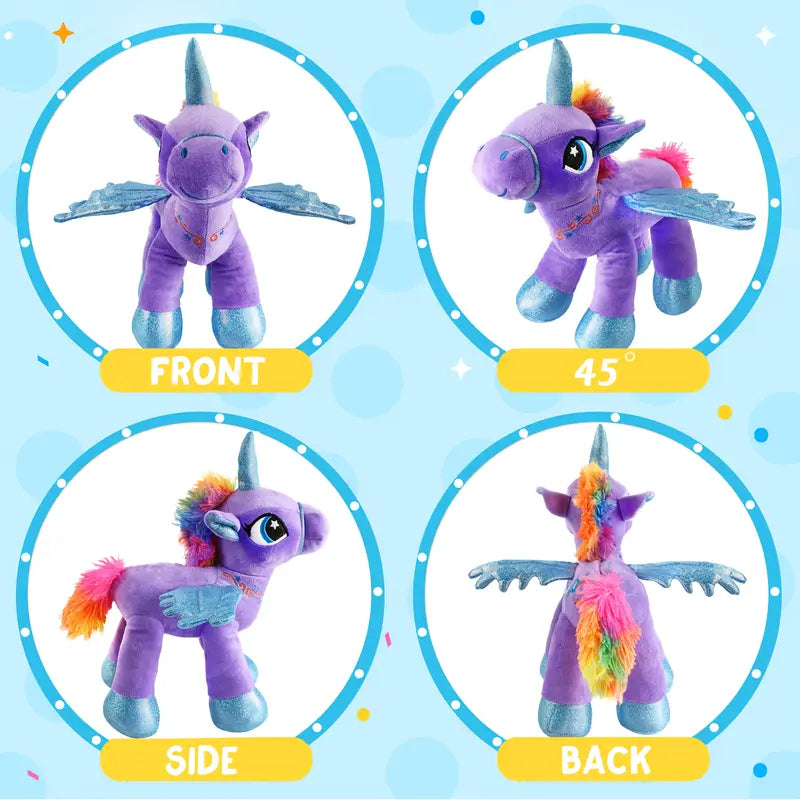 Plush toy unicorn with wings displayed from front, side, and back on a blue background.