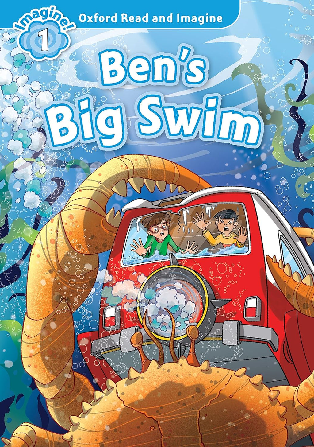 Book cover of 'Ben's Big Swim' featuring a red vehicle with characters and a large crab.