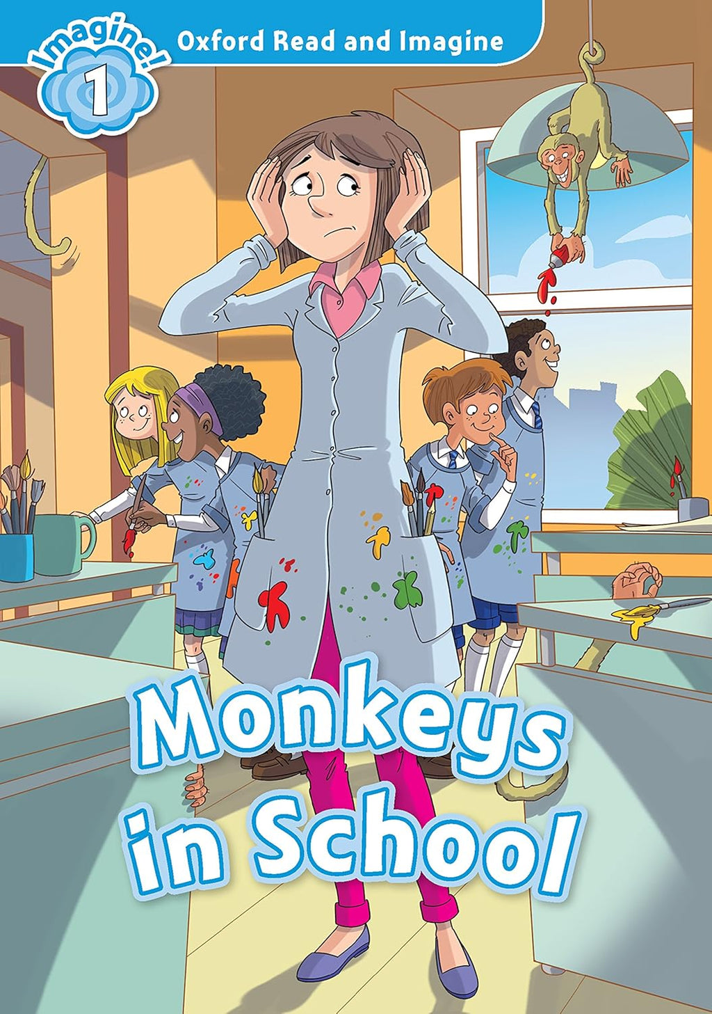Book cover of 'Monkeys in School' from Oxford Read and Imagine series, showing a teacher and students in a classroom.