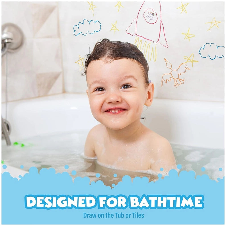 Child in a bathtub with bathtub drawings on the wall, text 'Designed for Bathtime'.