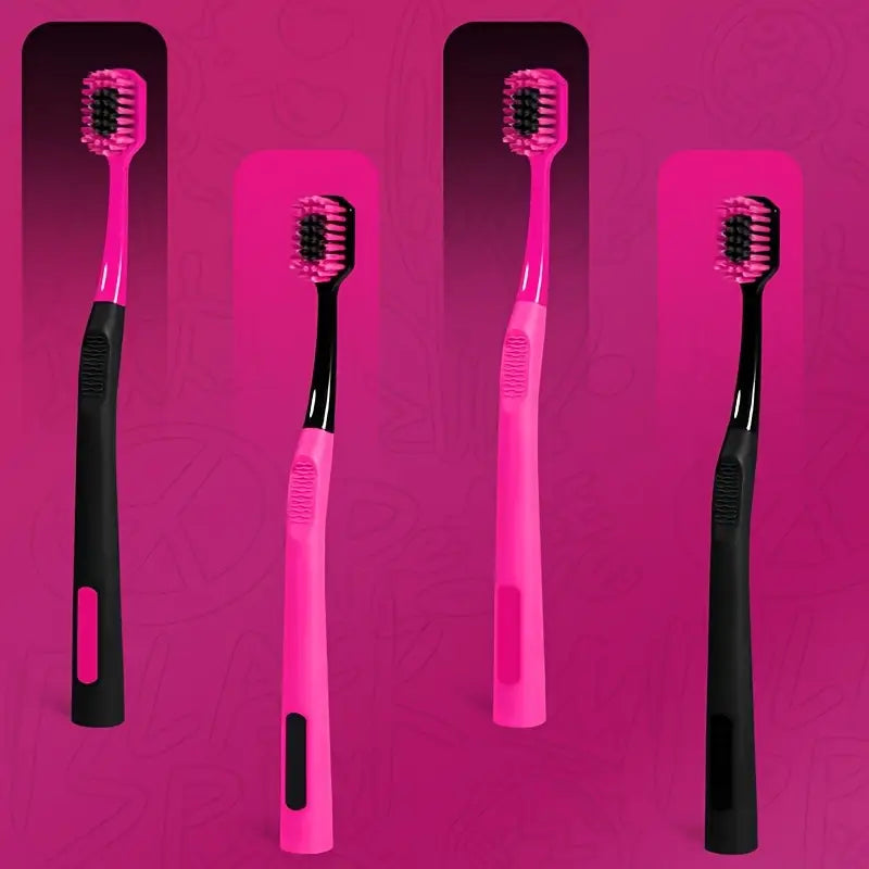 Four pink and black toothbrushes on a pink background