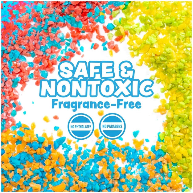 Colorful crumbly product with 'Safe & Nontoxic' and 'Fragrance-Free' text, featuring no phthalates and no parabens logos.