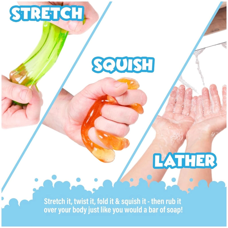 Hands interacting with stretchy, squishy gel product with text labels 'Stretch', 'Squish', and 'Lather'.