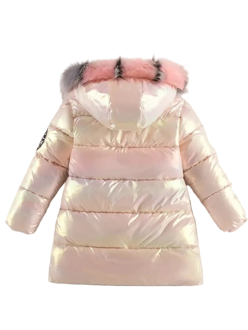 Children's shiny pink coat with fur-lined hood on a white background