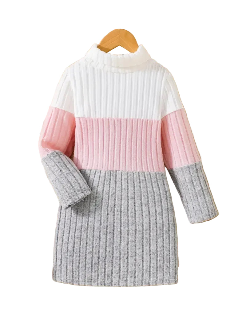 Color-blocked sweater with pink, white, and gray sections on a hanger against a white background