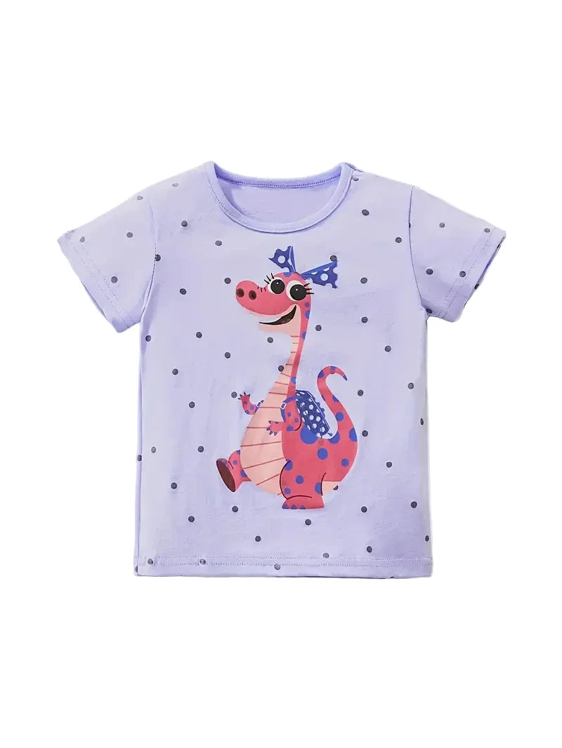 Children's t-shirt with a cartoon dinosaur design on a light purple background