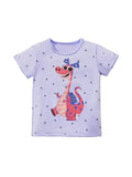 Children's t-shirt with a cartoon dinosaur design on a light purple background