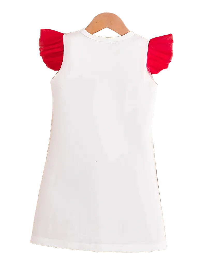 White dress with red ruffled sleeves on a wooden hanger against a white background