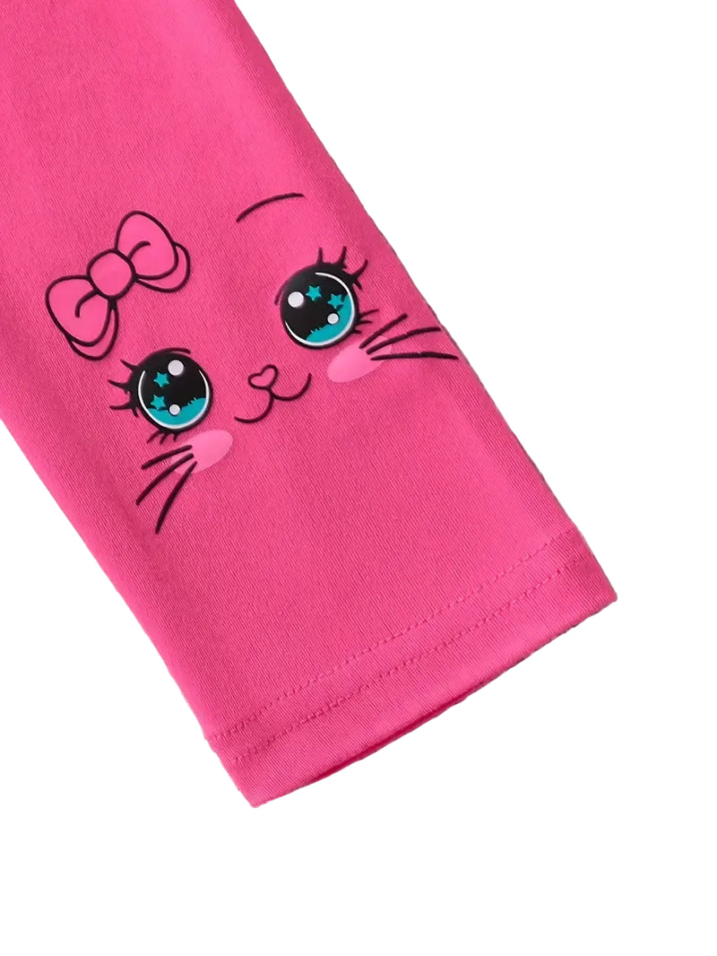 Pink fabric with a cartoon cat face design on a textured white background