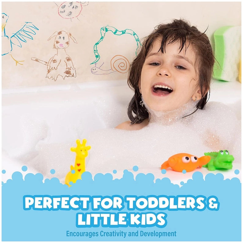 Child in a bubble bath with toys, surrounded by children's drawings on the wall.