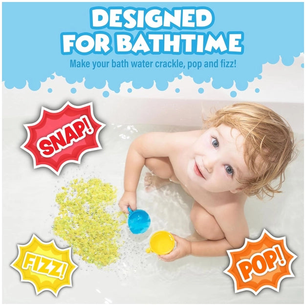 Child playing in a bathtub with colorful bath bombs labeled 'Snap', 'Fizz', and 'Pop'.