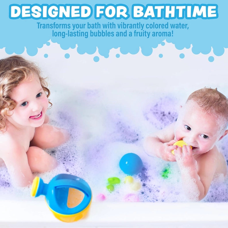 Two children in a bathtub with bubbles, toys, and text about bathtime products.