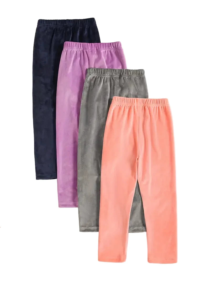 Four pairs of colorful pants arranged in a row on a white background.