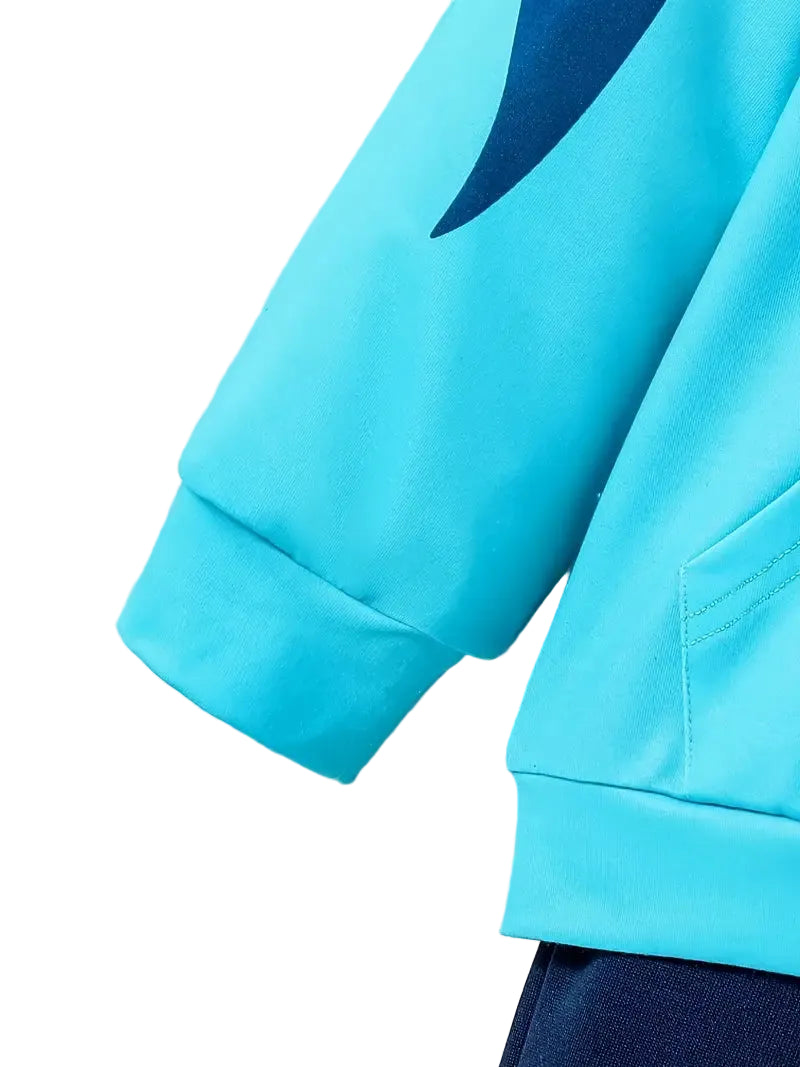 Close-up of a blue athletic outfit with a pocket and sleeve detail on a white background