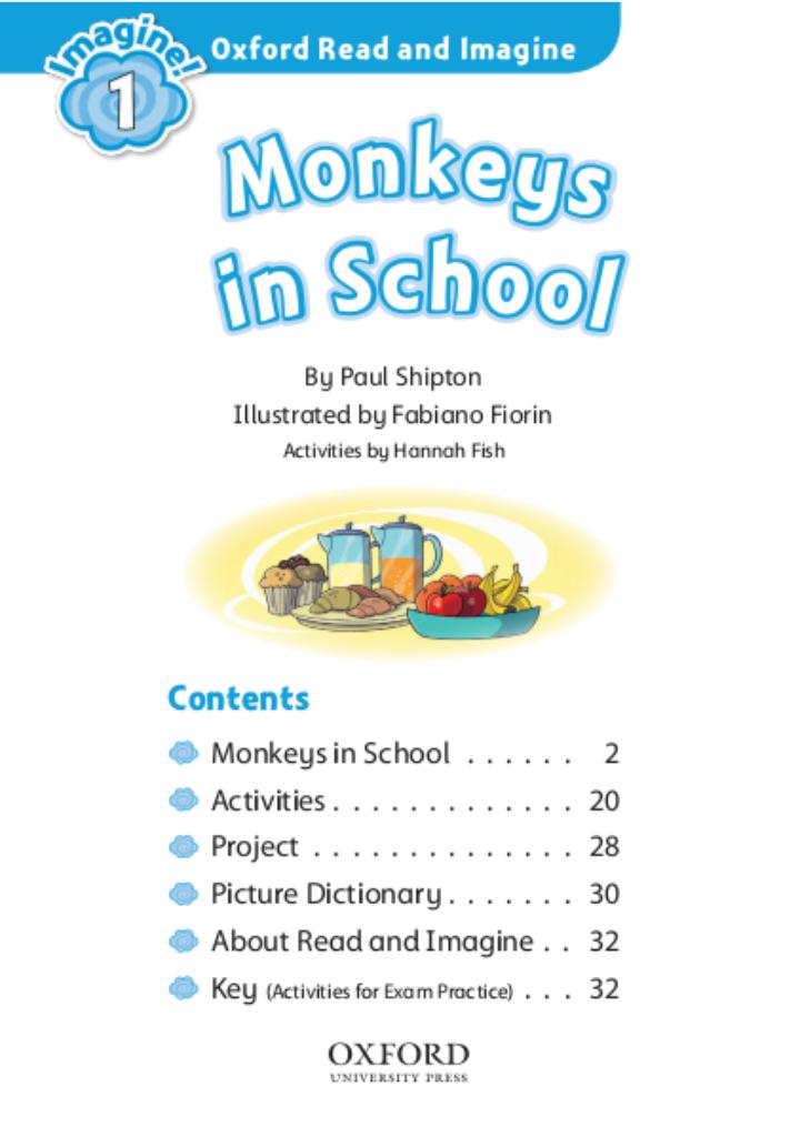 Book cover of 'Monkeys in School' by Paul Shipton, illustrated by Fabiano Florin, with Oxford University Press branding.