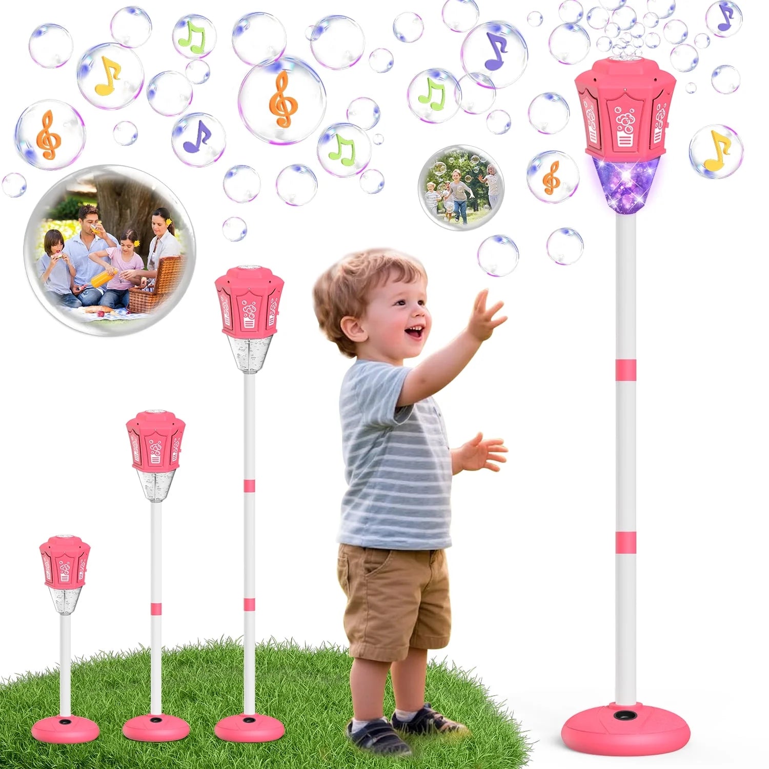 Child playing with bubble machine on grass, surrounded by bubbles and family photos.