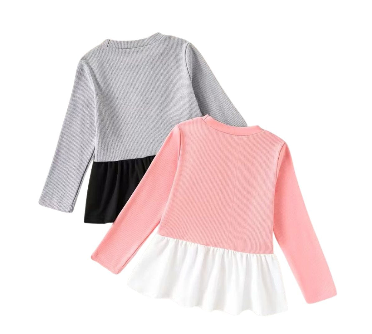 Two children's dresses, one gray and black, the other pink and white, on a white background.