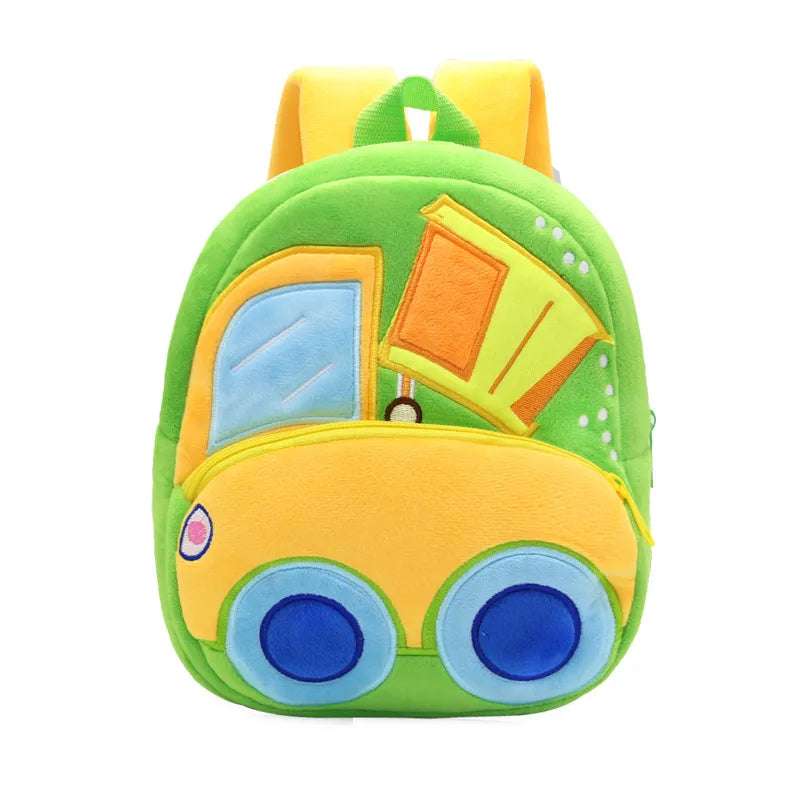 Children's backpack shaped like a yellow car with green body on a white background