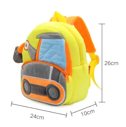 Children's backpack shaped like a cartoon character with measurements on a white background