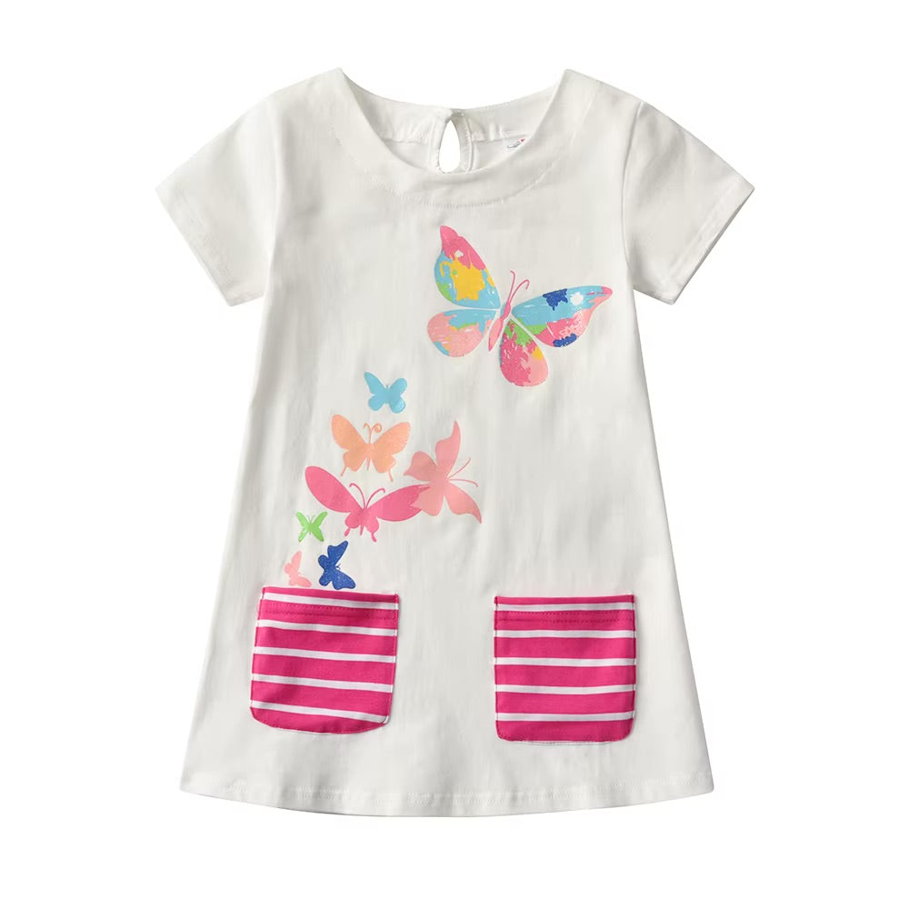 White dress with colorful butterfly designs and pink striped pockets on a white background
