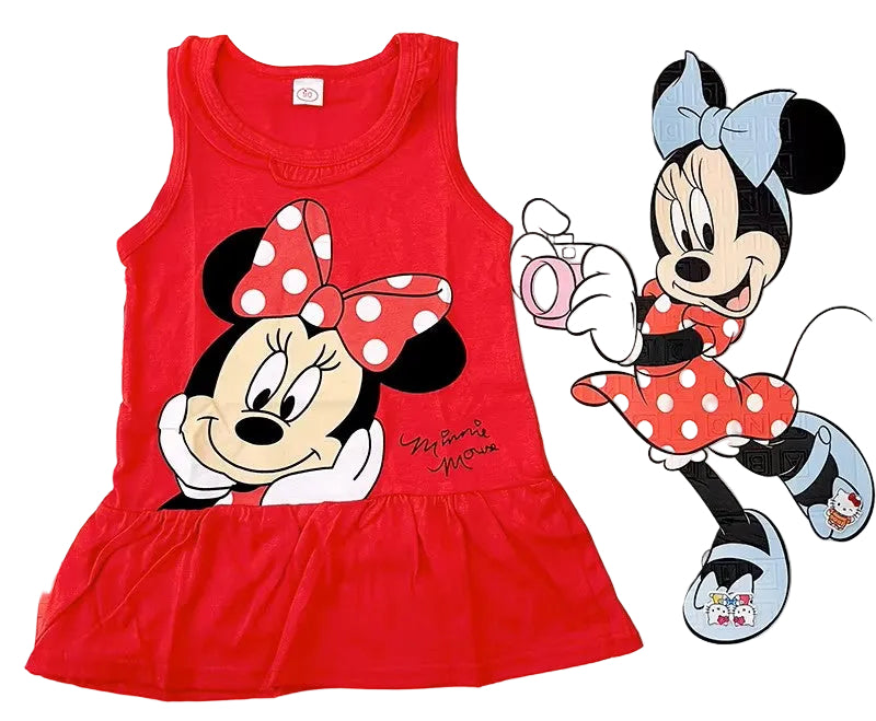 Red dress with Minnie Mouse design and an inset of Minnie Mouse character.